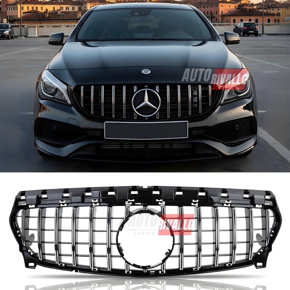 Griglia anteriore Mercedes CLA C117 GTR AMG Look nero lucido con profili cromati. Upgrade sportivo.
